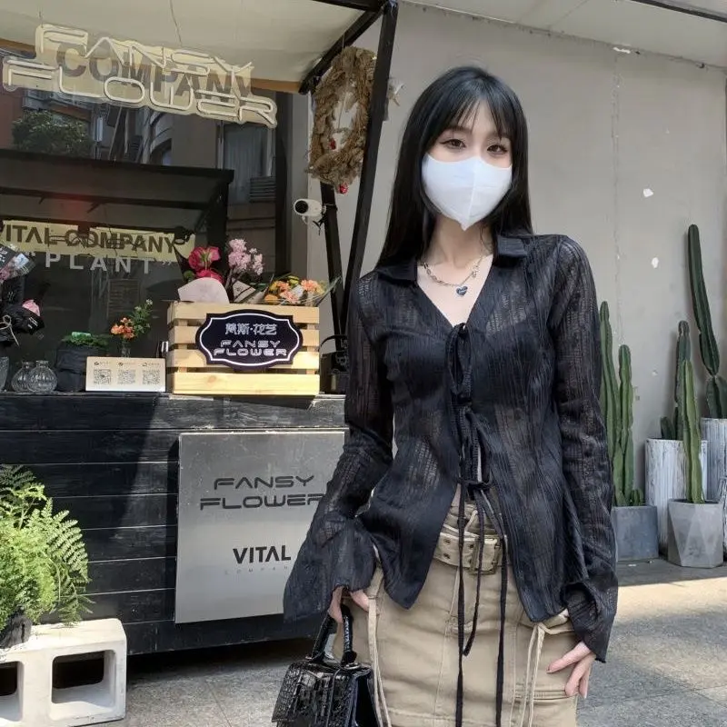 Áo Sơ Mi Ren Jacquard Thiết Kế Còi Chống Nắng, Phong Cách Cô Gái Nóng Bỏng Pháp, Mỏng, Thích Hợp Cho Mùa Xuân Và Mùa Thu, Cardigan Tup, Dễ Thương Và Gợi Cảm Women Top Denim Blazer Shirt Khuy 2