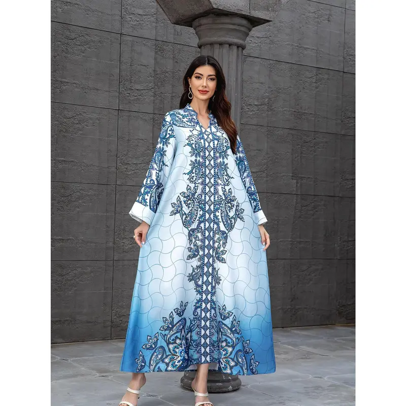 2025 Fashion Printed V-neck Loose Slim Dress Women's Beaded Rhinestone Robe New 5