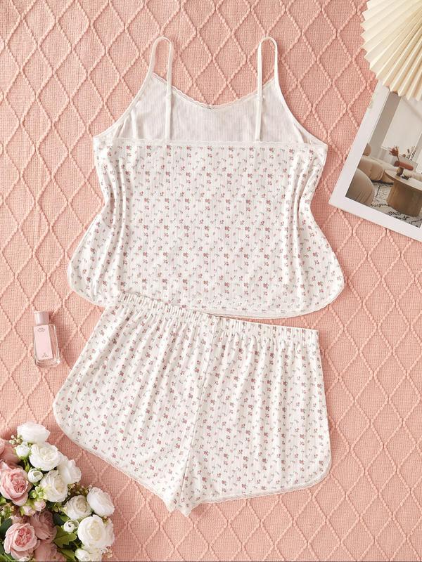Plus Size Ditsy Floral Print Cami Top & Elastic Waist Shorts Pyjama Two-Piece Set, Elegant Comfy Loungewear Set for Women, Women's Sleepwear for All Seasons 1
