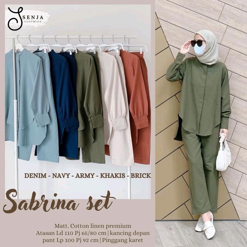 sabrina set bahan katun linen  Muslim Wanita Setelan Dewasa Baju Celana Kancing Karet Panjang Casual 0