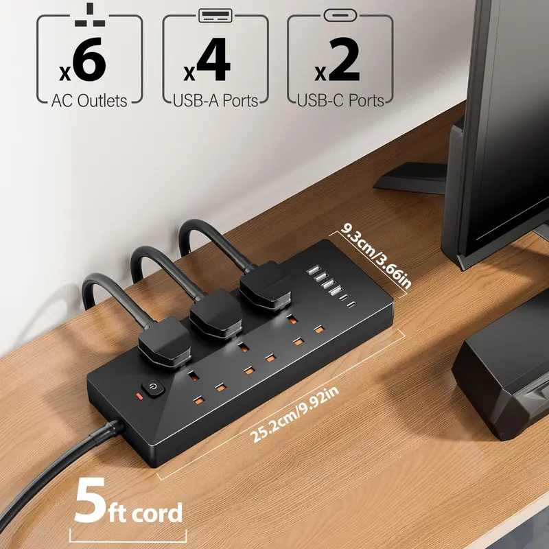 Power Strip Outlets, 6-AC Socket Switch Extender Surge Protector, Power Strip with 4 USB Charging Ports, Power Strip Outlets for Home, Office, Best Gifts for Men, Modern, Plug, Black 2