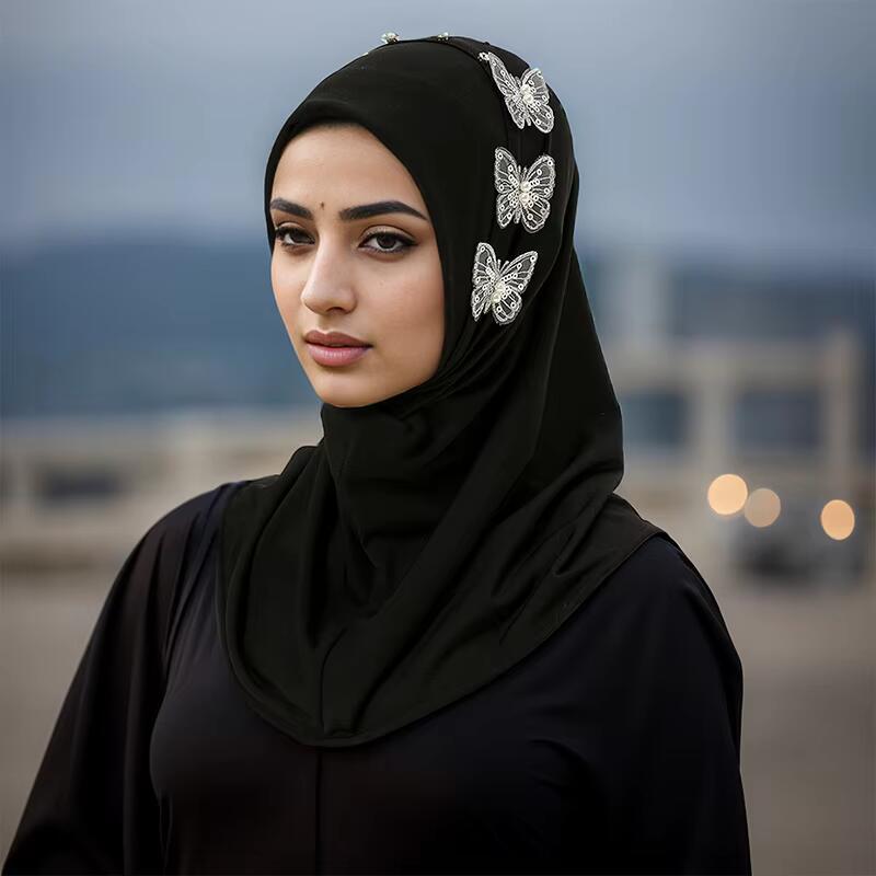 Product Introduction of Crystal Hemp Butterfly Nail Drill Instant Hijab Undercap Chin Part Solid Color Inner Cap Woman Muslim Caps Bonnet 5540cm 2