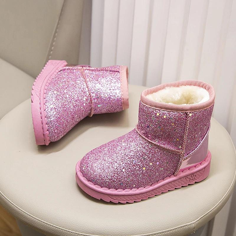 Product Introduction of Winter Girl's Snow Boots Glimmer Three Colors Thick Fur Kids Short Boot Warm Beautiful Stylish Slip-on Children Shoes 25-36 10