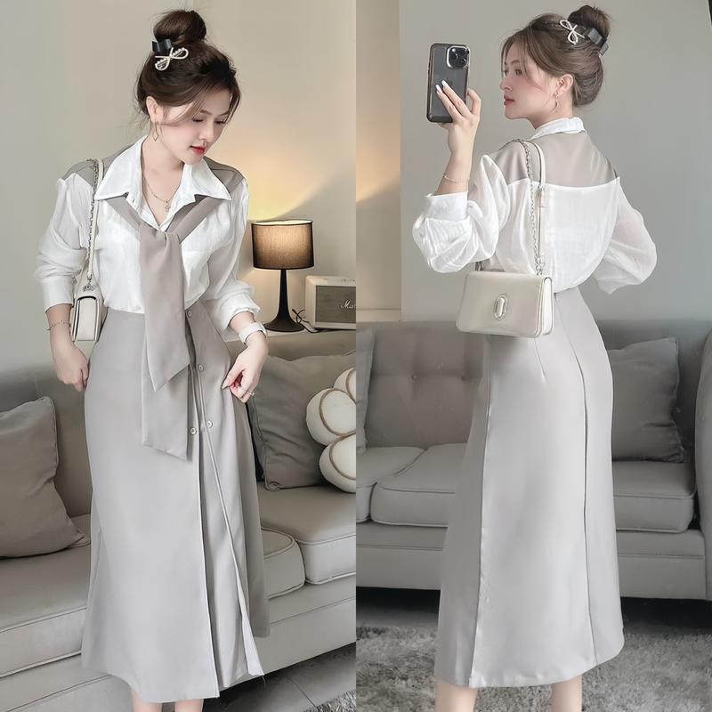 Set đồ nữ áo sơ mi lụa có choàng kèm chân váy tuyết mưa xinh xắn dễ thương sang trọng dành cho các nàng đi tiệc đi chơi