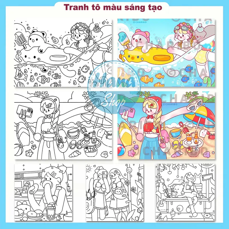 Tranh tô màu Charibo "Cứ chill thôi" quyển 30 tranh, giấy 200gsm khổ A5 dày đẹp 6