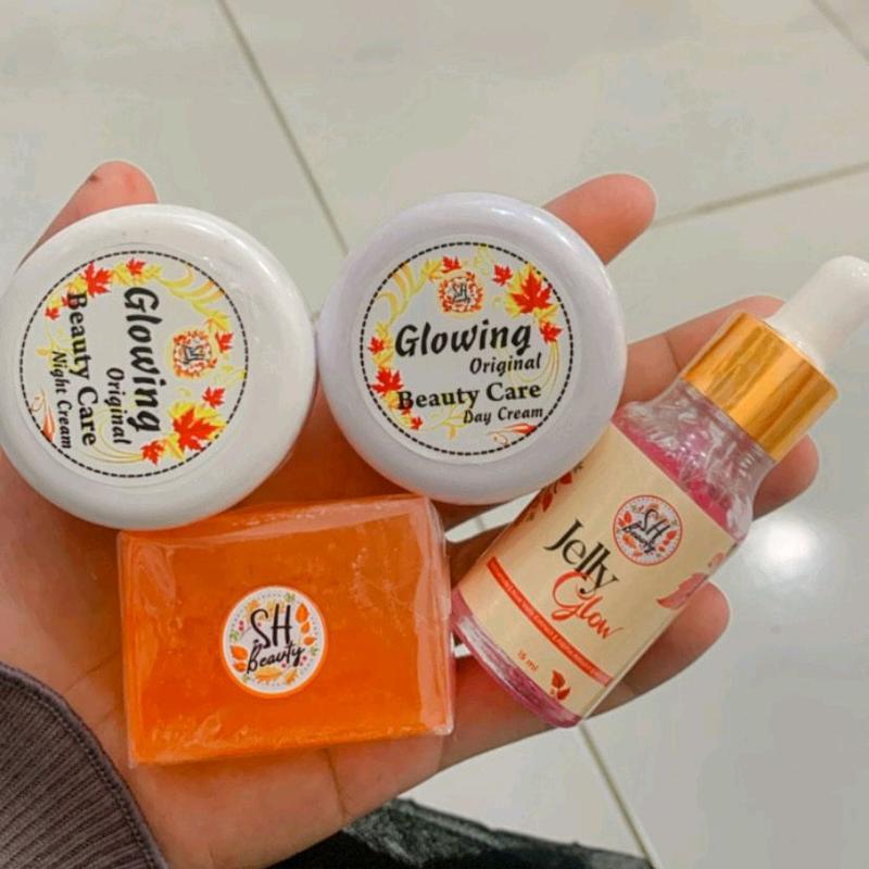 set glowing siang+malam,sabun,serum Wajah 1