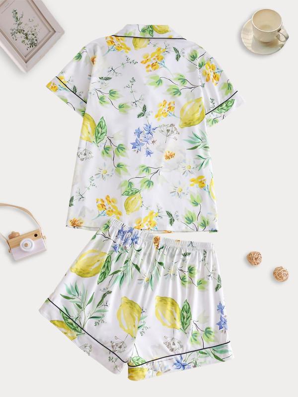 Two-piece Set Women's Fruit Print Lapel Neck Button Front Pajama Set, Casual Comfy Pastel Short Sleeve Pocket Top & Elastic Waist Shorts Pj Set, Ladies Sleepwear for All Seasons 1