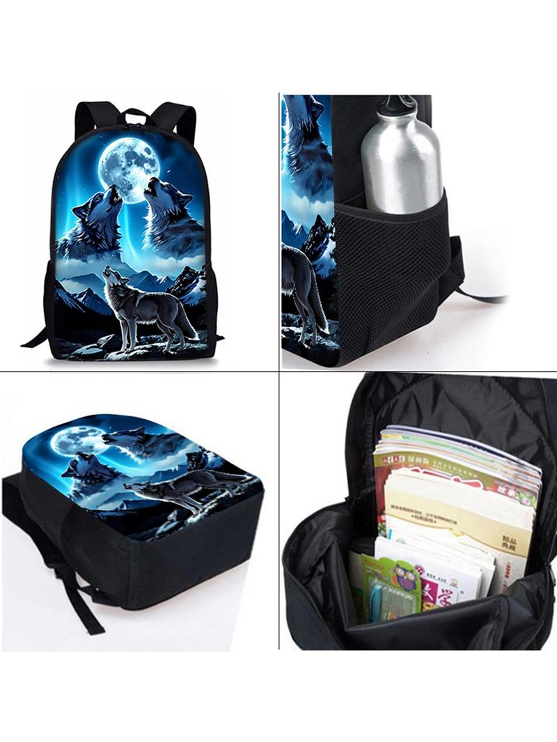 Product Introduction of Wolf Pattern Backpack & Lunch Bag & Pencil Case Set, Casual Versatile Backpack Set for Women & Men, Trendy All-match Bag Set for Daily Use 7