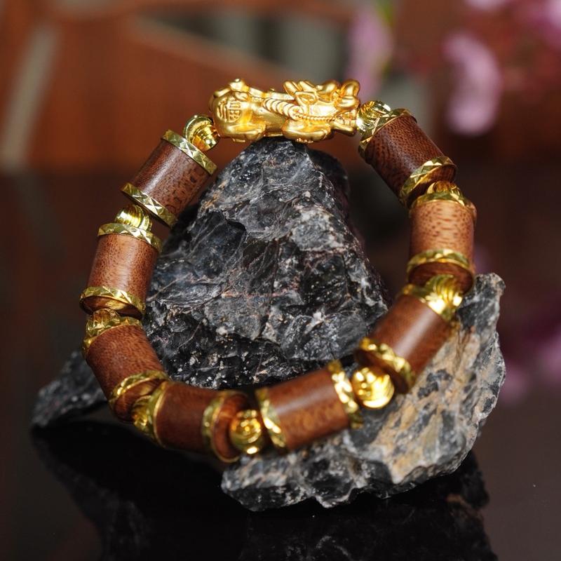 Vòng Trầm Hương Đốt Trúc Mạ 24K mix Tỳ Hưu - Trầm Hương Yên Lộc