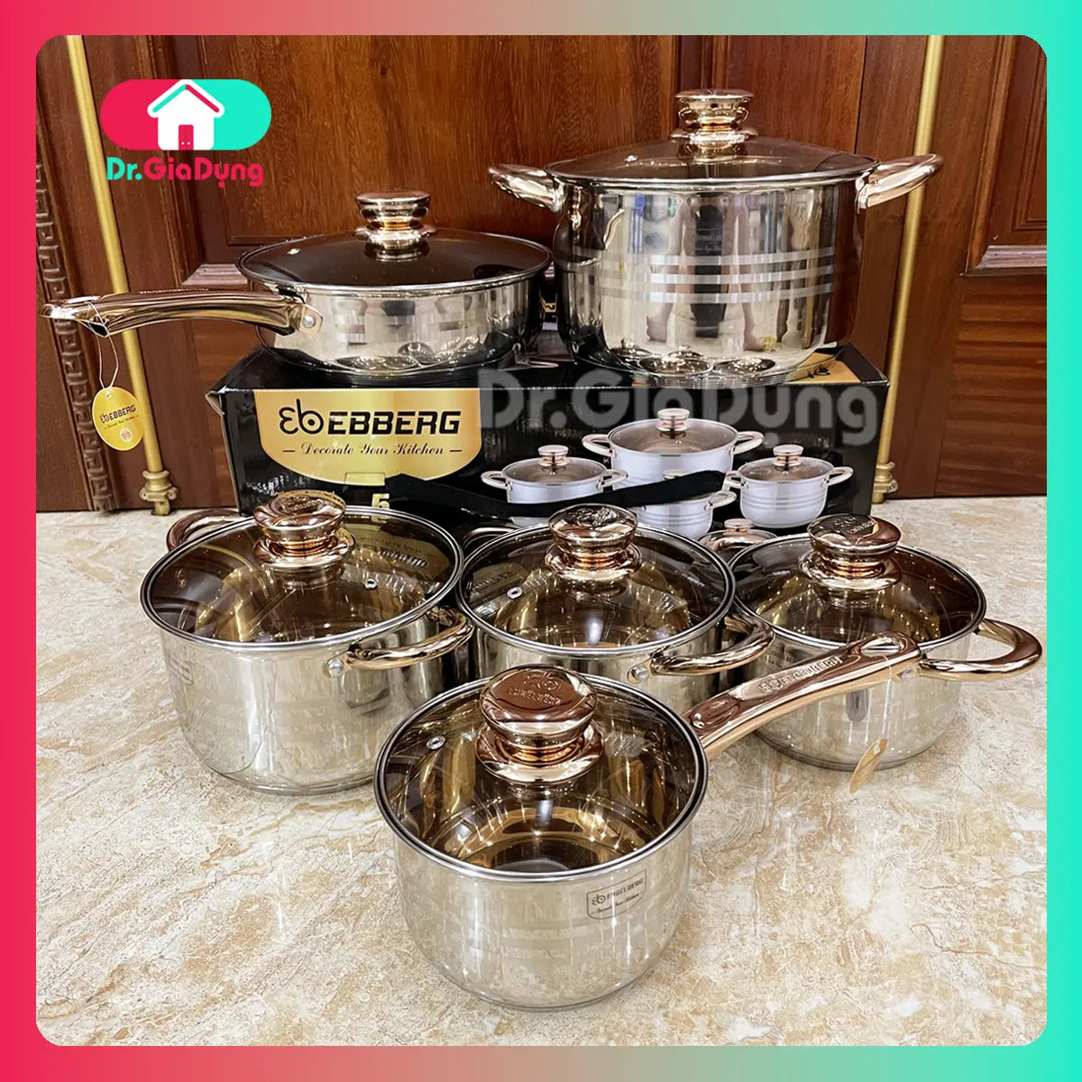 Bộ Nồi 6 Món Vung Kính 12 chi tiết, chất liệu Inox 304, 5 đáy đẹp xuất sắc chảo nhỏ