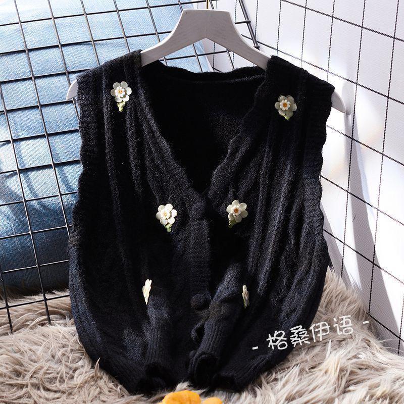 Áo Vest Dệt Kim Thêu, Cổ Chữ V Nhẹ Nhàng, Dáng Rộng Vừa Vặn, Dành Cho Nữ, Hàng Mới Về Mùa Thu, Áo Mặc Bên Ngoài Hàn Quốc, Áo Len Không Tay Áo Cardigan Women Top 3