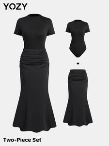 YOZY Women's Solid Mock Neck Bodycon Bodysuit & Ruched Mermaid Skirt Two-piece Set, Elegant Fashion Casual Two-piece Outfits for Daily Outdoor Wear, Women Clothing for Summer
