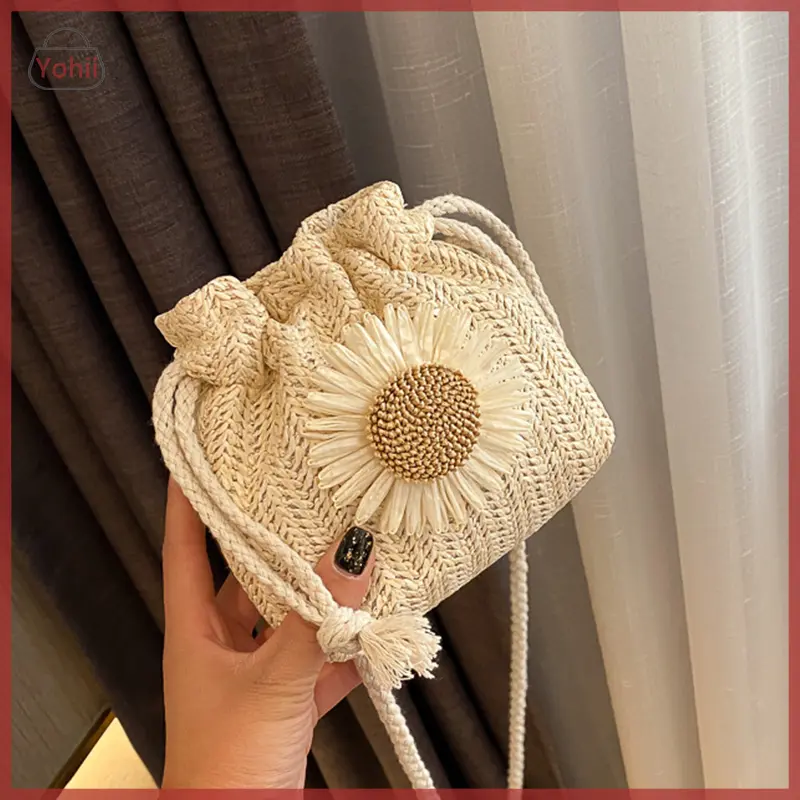 Túi Bucket Dệt Rơm, Chất Liệu Mây, Dành Cho Nữ, Túi Đeo Vai Đi Biển Mùa Hè, Túi Xách, Phong Cách Thường Ngày