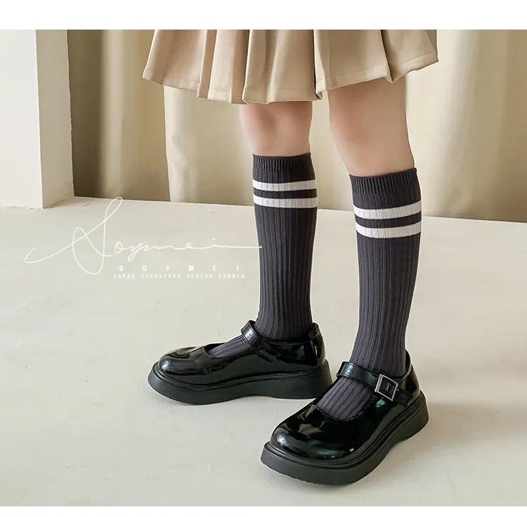 Product Introduction of Spring Autumn Soft Cotton Korean Fashion School Sock for Kids Boy Girl Simplicity Solid Color Striped Calf Sock for Children 14