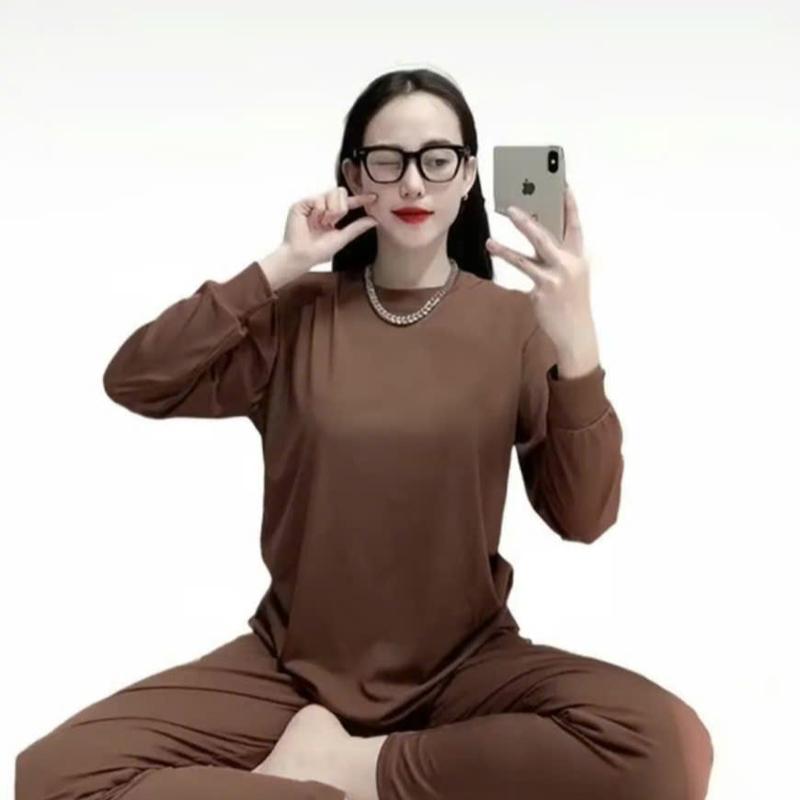 Bộ ủ kem Nữ Top cổ tròn Tay dài thun tăm lạnh thoáng mát form 50-70 kg - Women Áo Nhung