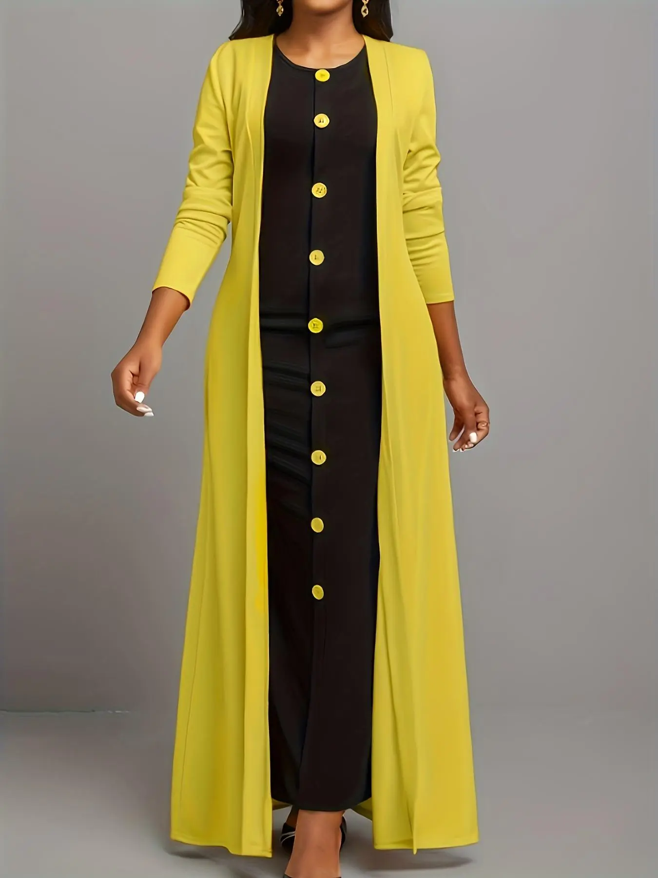 Women's 2 in 1 Colorblock Fake Buttons Long Dress without Belt, Casual Comfort Long Sleeve Round Neck Dress for Spring & Fall, Women's Clothing for Daily Wear