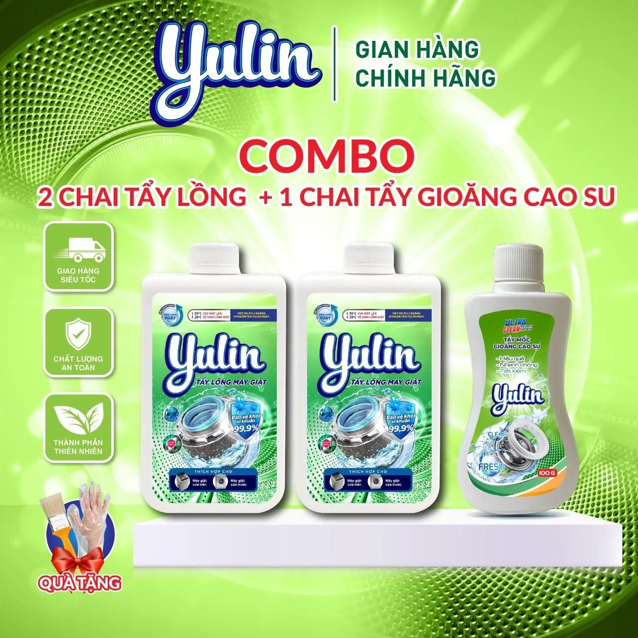 Combo [2+1] gồm 2 Hộp Tẩy Lồng Máy Giặt Yulin 300G và 1 Hộp Tẩy Gioăng Cao Su 100G. Tặng kèm chổi lau Làm Sạch máy giặt Kem