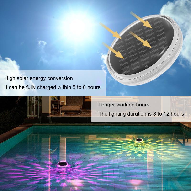 Product Introduction of Solar-Powered Pool Light with 3 Brightness Levels, 9 Colors, 500mAh Built-in Battery, Waterproof & Easy to Install, Auto On/Off at Night, Daytime Charging, Timer Function, Suitable for Parks, Courtyards, Bathtubs and Villas 3