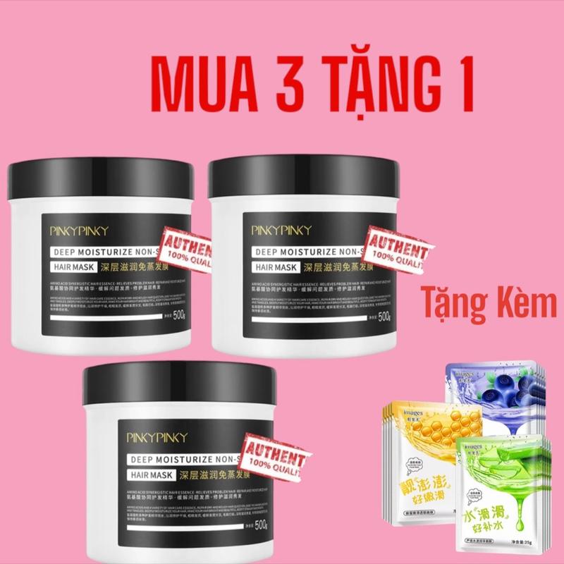 Com Boo 3 Hũ Kem Ủ Tóc PINKY 1 hũ 500g Nữ Women Gội Đầu Chăm Sóc Tóc Collagen Làm Mềm Nữ Dưỡng Tóc Kẽm dầu giấm xả Tặng Mặt Nạ Trà