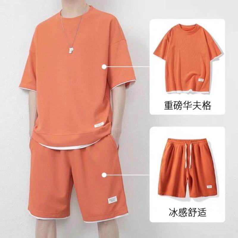 Bộ Đồ Thường Ngày Phong Cách Bánh Quế, Dành Cho Nam Giới, Áo Phông ngắn Tay Áo Lụa Lạnh Mùa Hè, Quần Đùi Ngắn Tay Dáng Rộng Vừa Vặn, Bộ Đồ 1 / 2 Mảnh 5