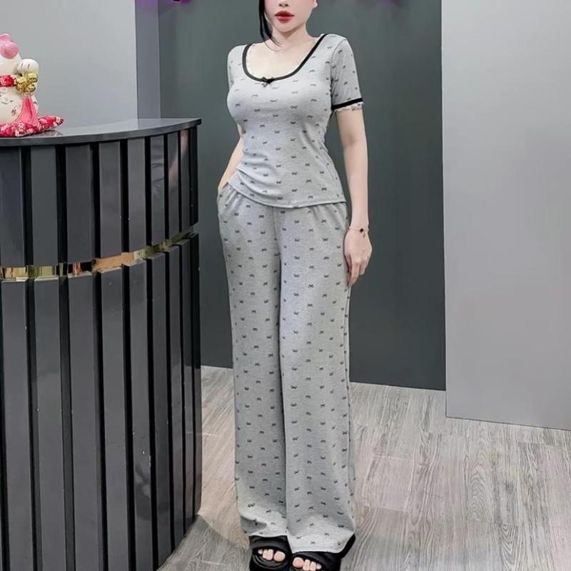 Set Bộ Nơ Thun TĂM LẠNH Áo Tay Ngắn Viền Ren + Quần Suông Dài Nữ Women Voi