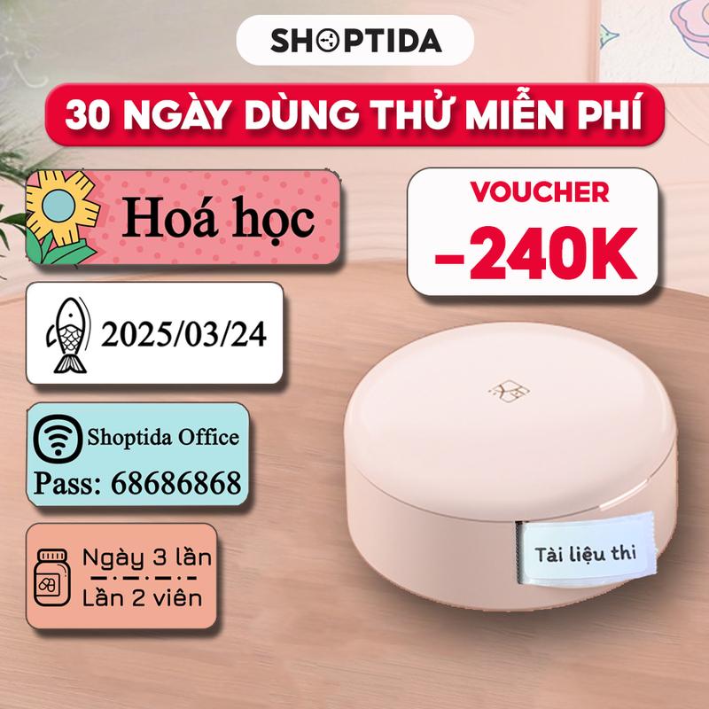 Máy in nhãn dán mini H11 Shoptida kết nối bluetooth, thiết kế hình hộp phấn hồng nhỏ gọn có kèm tem nhãn
