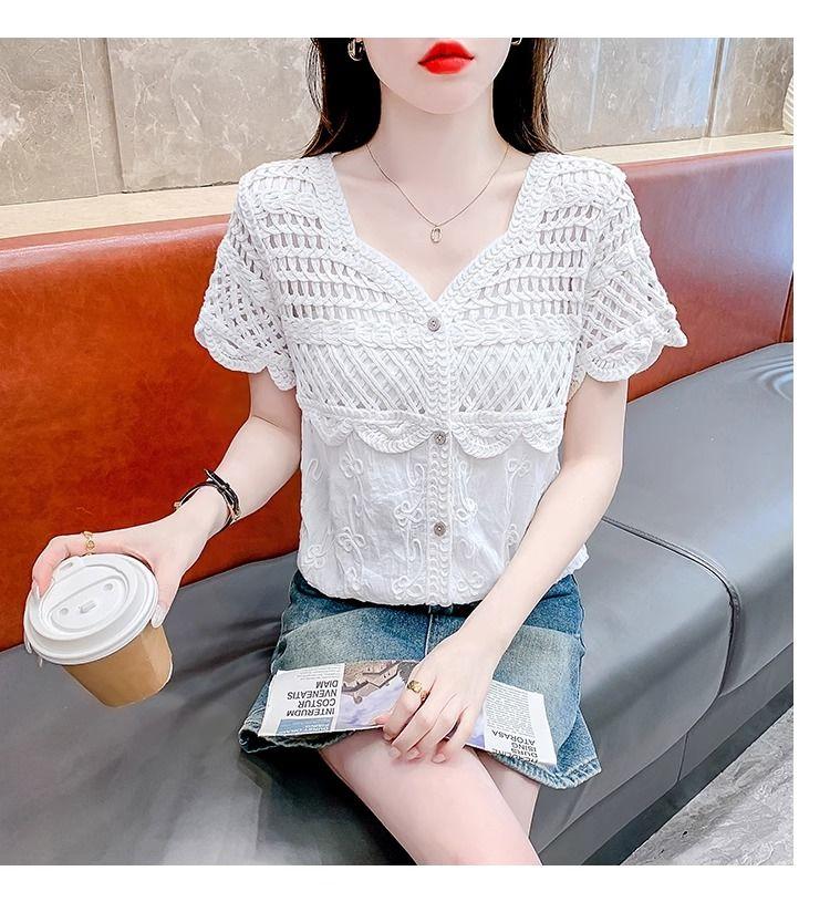 Product Introduction of Áo Cánh Ren khoét Cổ Chữ V, Thiết Kế Độc Đáo Dành Cho Nữ, Phong Cách Thanh Lịch, Trẻ Trung, Bó Sát, Áo ngắn Tay Bộ Sưu Tập Người, Mùa Hè 2024, Hàng Mới Về, [3311] 24