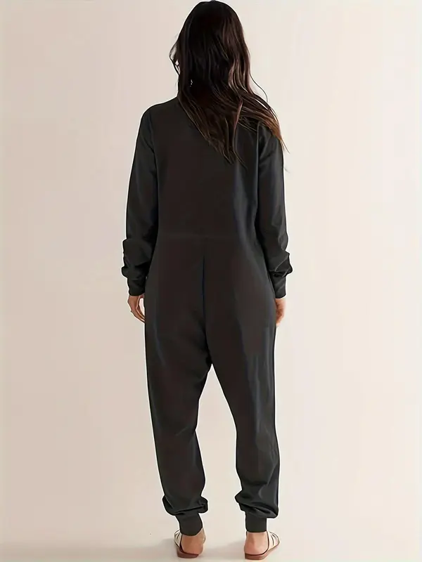 Women's Solid Color V Neck Long Sleeve Jumpsuit, Casual Comfy Pocket Jumpsuit for Fall & Winter, Women's Jumpsuit for Daily Wear 1