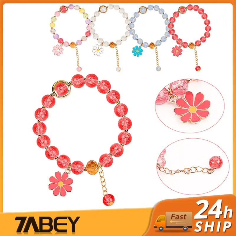 Lucky Flower Charm Bracelet Colorful Boho Daisy Bracelet with Crystal Beads Bracelet for Women Girls Valentine‘s Day Gift