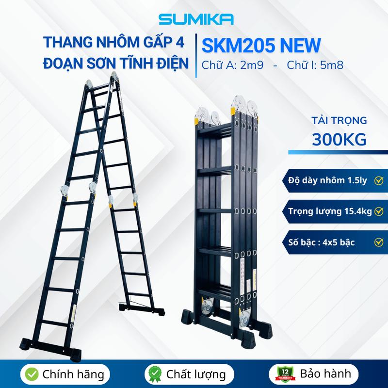 Thang nhôm gấp 4 đoạn Sumika SKM205 NEW, chữ A cao 2.9m, chữ I cao 5.8m, 14 tư thế sử dụng