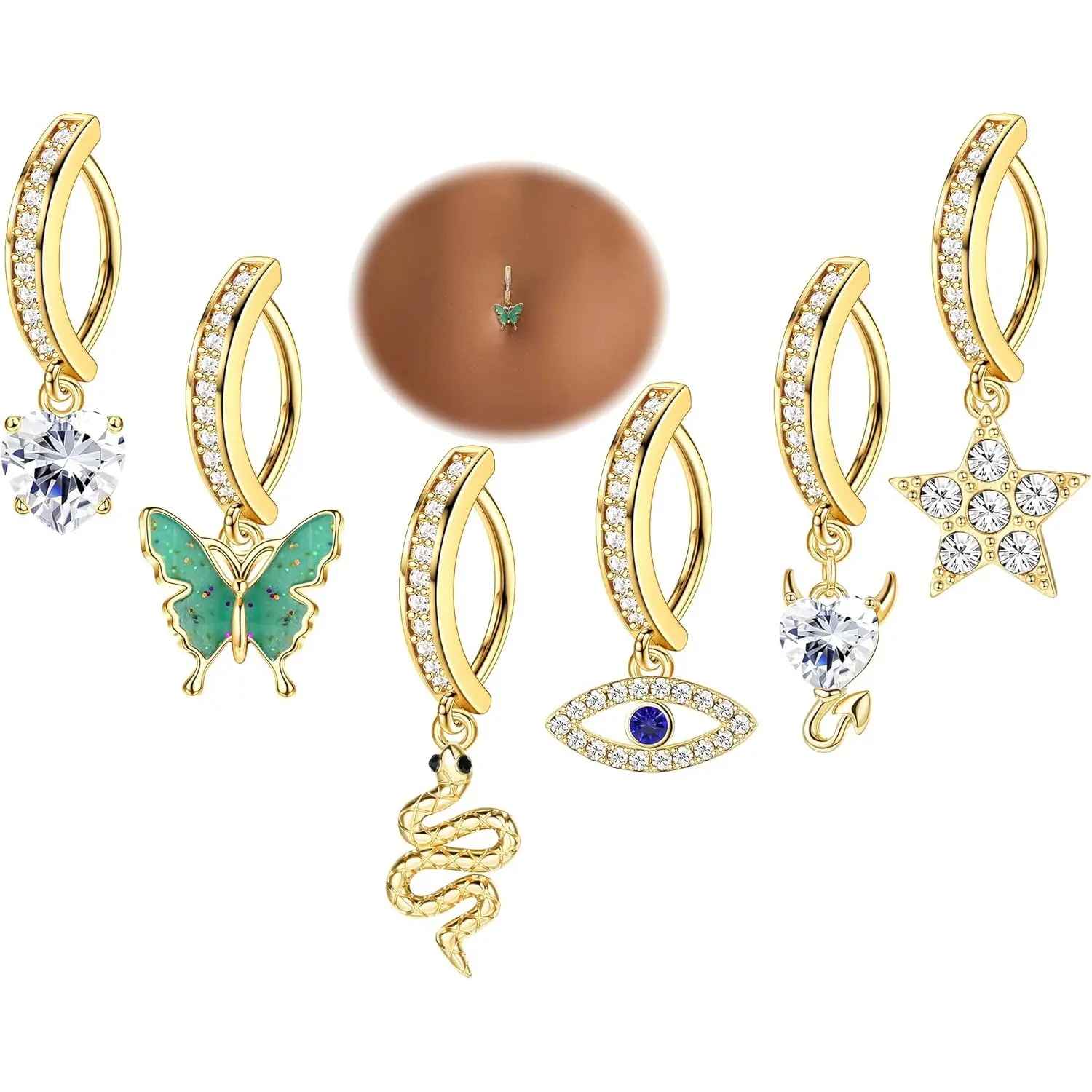 DIAMDAY 6 Pcs 14G Clicker Belly Button Ring for Women 316L Surgical Steel Butterfly Snake Evil Eye Heart CZ Opal Dangle Belly Button Rings Simple Reverse Navel Rings Body Belly Piercing Jewelry