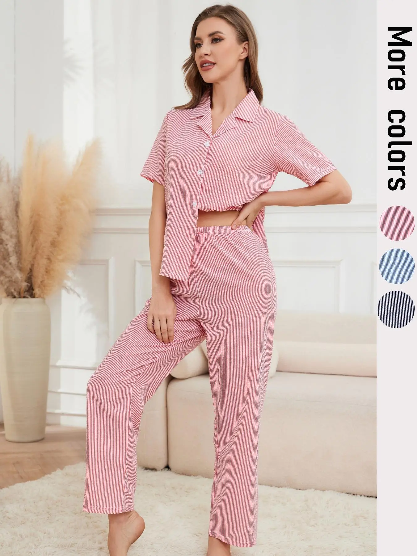 Two-piece Set Women's Striped Print Top & Pants Pyjama, Casual Comfy Short Sleeve Top & Pants Pj Set, Ladies Sleepwear for All Seasons