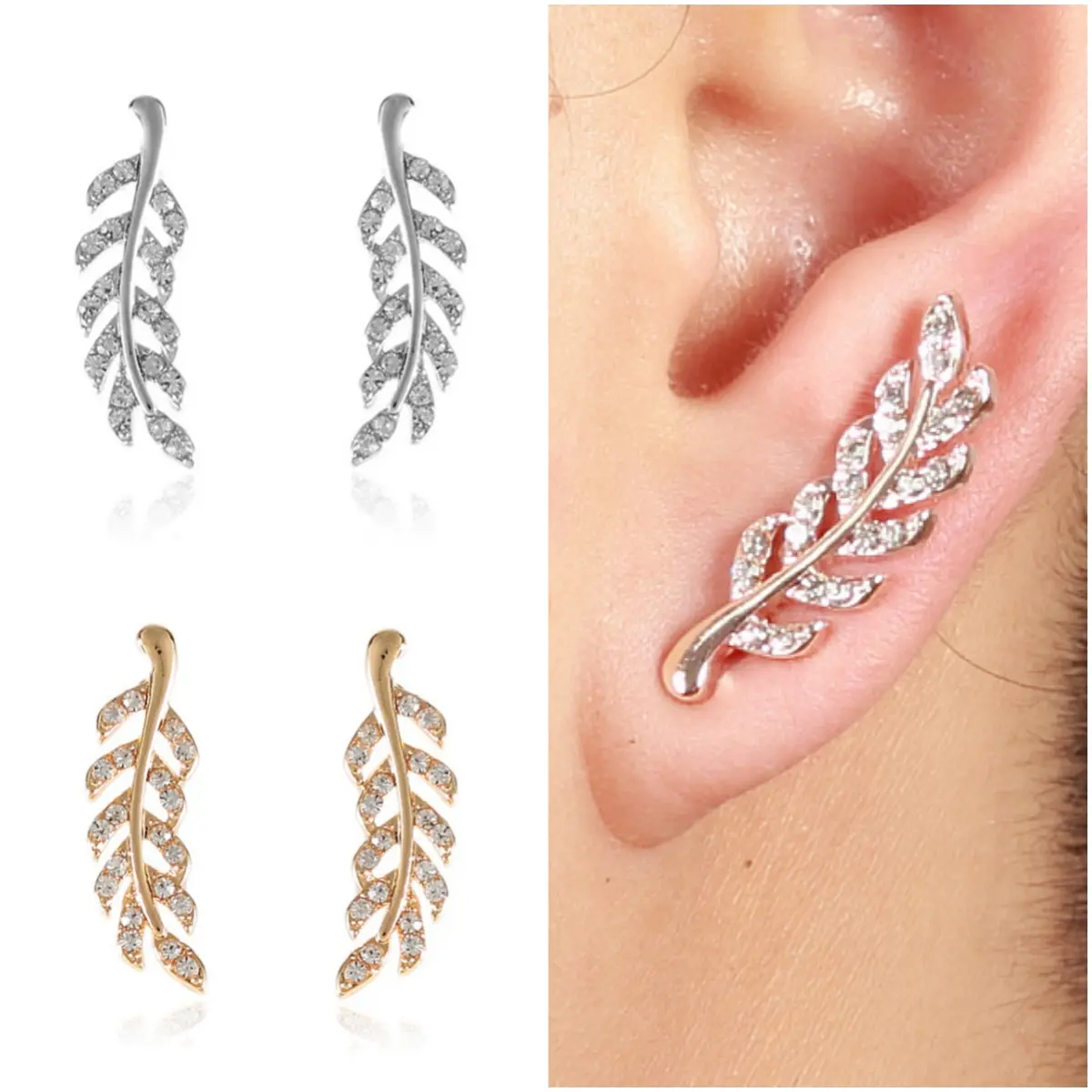 Fashion Crystal Leaf Earrings for Women Vintage Exquisite Wheat Shape Stud Earrings Golden Silver Color Party Jewelry Gift emass  adur labu  bu  keychain clay  ear  rings keychain  business