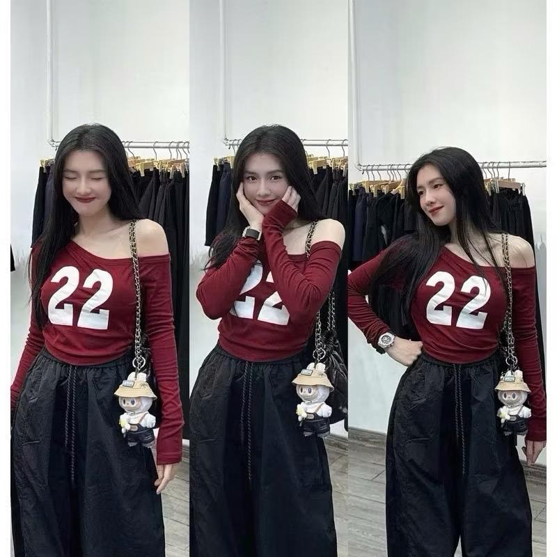 Áo thun lệch vai, áo thun nữ lệch vai dài tay in số 22 dáng ngắn co dãn Top Women Hoodie Cổ Tròn