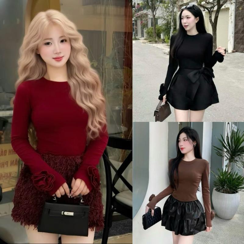 Siu phẩm . Áo bassic tay dài đính hoa sỏ ngón tay bigsize chất tăm xịn ( bigsize :40-90kg ) Cổ Tròn Women Top Nữ 1