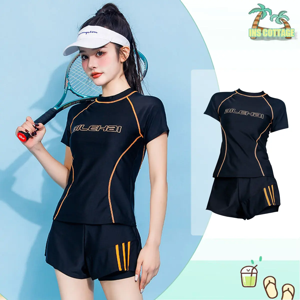 đồ bơi nữ kín đáo Bikini đi biển nữ du lịch kín đáo đùi ngắn Tay đi biển 2 mảnh kiểu Đẹp Co Giãn Bộ đồ bơi nữ Sport Tập Yoga Top