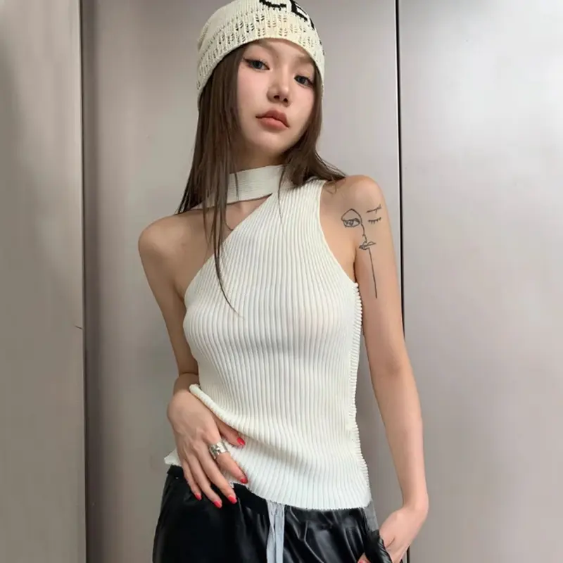 Women's Knitted Tank Tops One Shoulder Sleeveless Solid ColorFit Halter Crop Tops Vest Basic Womenswear