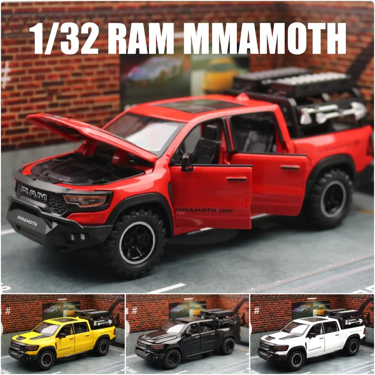 1 32 Dodge RAM MAMMOTH Pickup Toy Car Miniature Diecast Metal Off Road Vehicle Model Pull Back Sound Light Collection Gift Boy