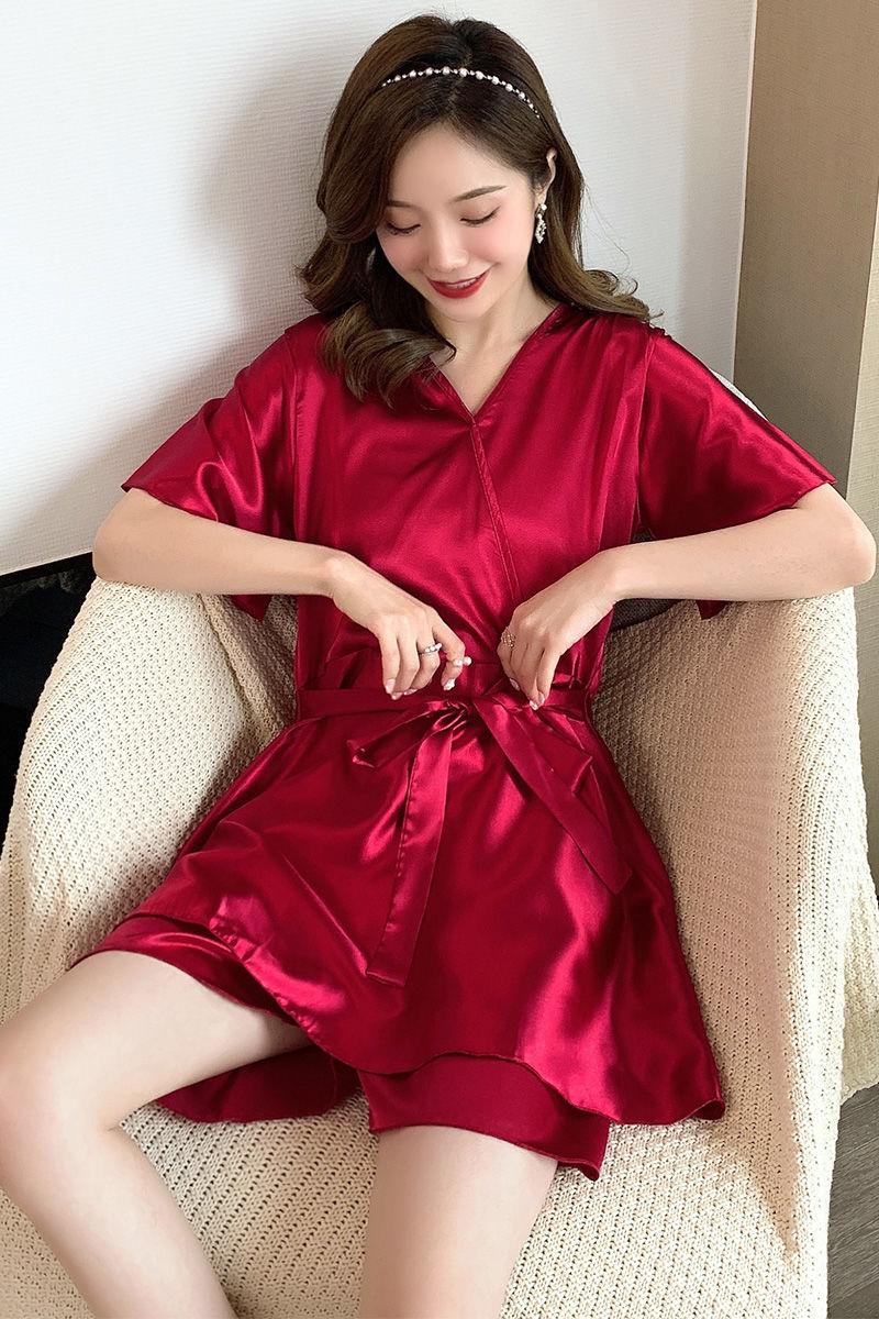 Product Introduction of Pajama women's summer short sleeved two-piece set, ice silk sweet Japanese style can be worn outside, spring and autumn home clothes, summer imitation silk Nightwear Womenswear Lingerie Loungewear Homewear Pjs Basic Minimalist 7