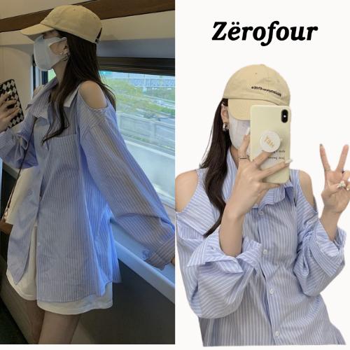 Áo sơ mi nữ dài tay khoét vai kẻ xanh Áo kiểu nữ mặc đi học công sở form rộng thụng