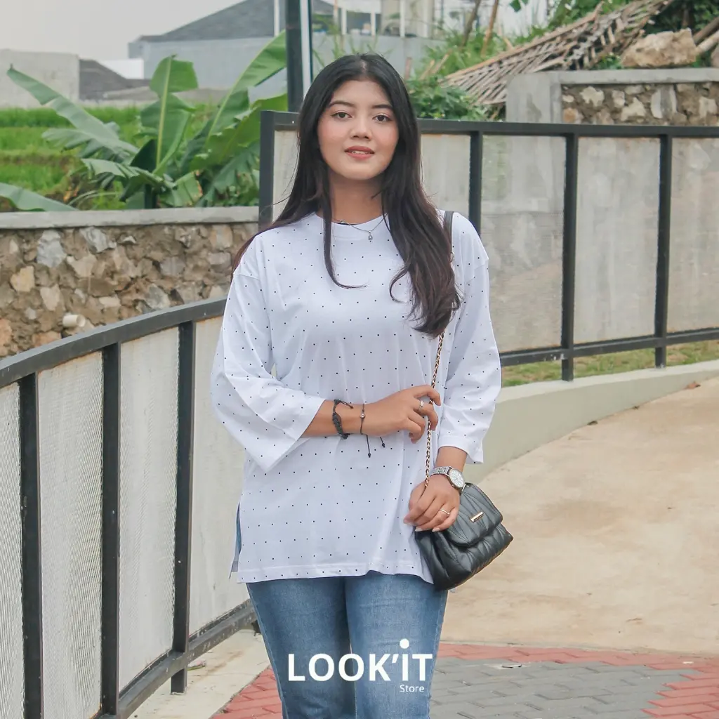 LOOKIT - Kaos Atasan Wanita Oversize Sleeve Basic Lengan 7/8 Motif Polkadot Polos Cotton Combad 30s