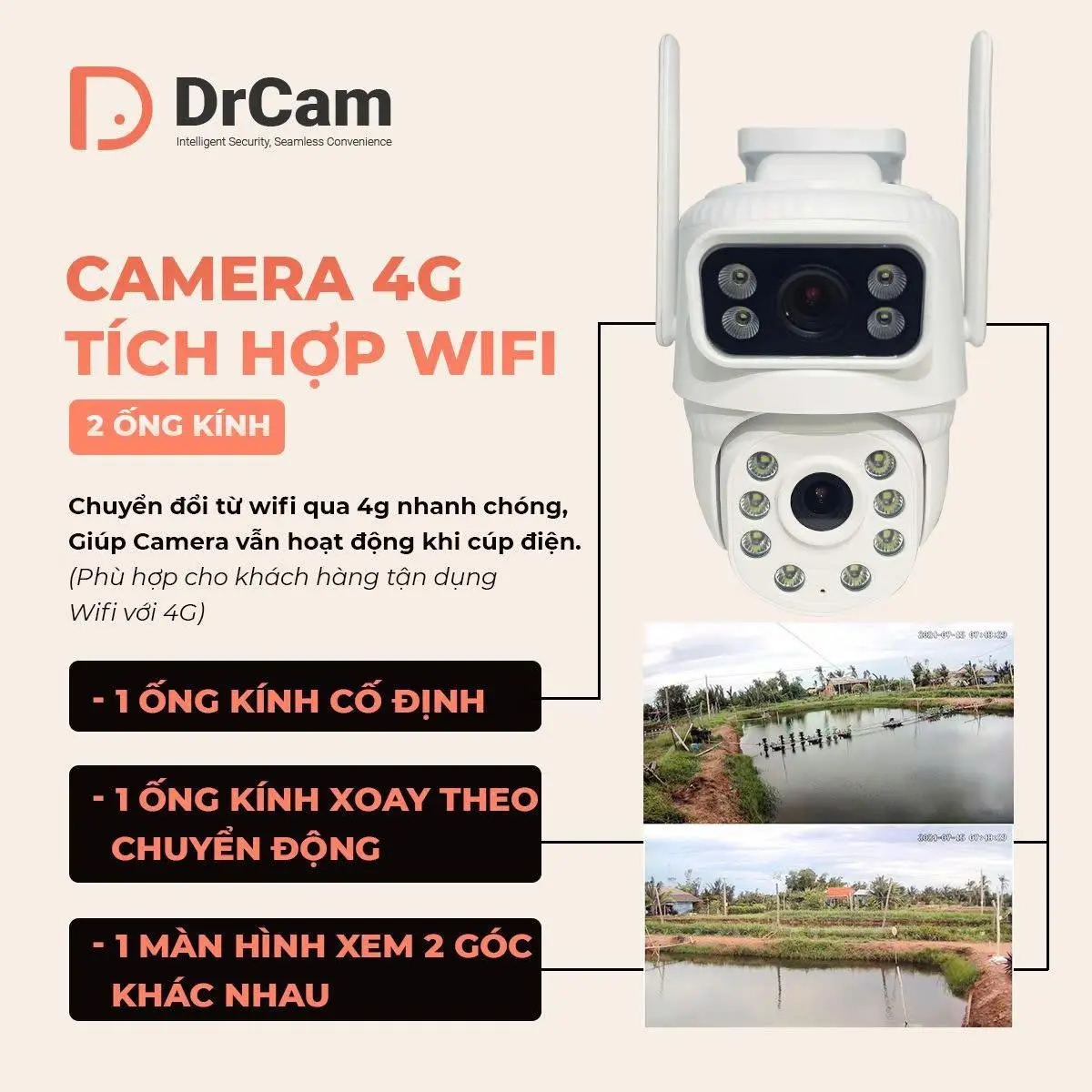 Camera hai mắt DrCam tích hợp 4G + WIFI, Đàm thoại 2 chiều, Xem màu ban đêm không cần LED