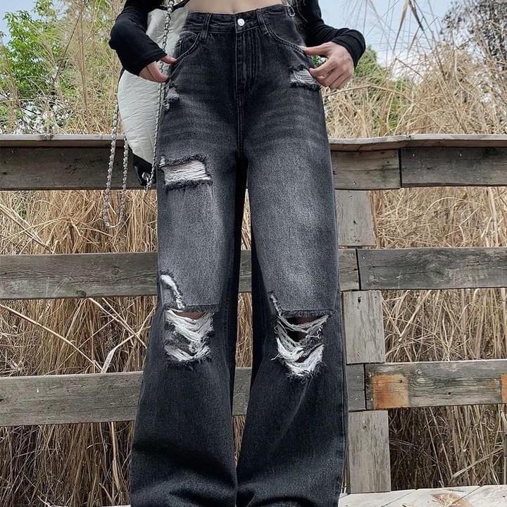 Quần Jean Nữ Ống Xuông Rộng Lưng Cao Lai Thường Chất Bò Xám Khói Rách Kiểu Thời Trang V3