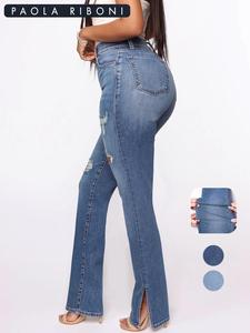 Women's Ripped Letter Patched High Waist Jeans, Fashion Casual Split Hem Pocket Button Fly Denim Trousers for Daily Outdoor Wear, Ladies Bottoms for All Seasons