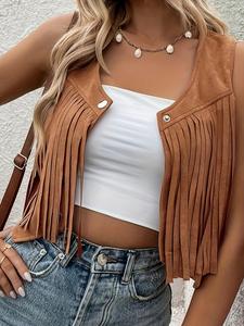 Chaleco de cuero suave para mujer con ribete de flecos y frente con botones, chaleco sin mangas casual con escote redondo para primavera y otoño, ropa de mujer para uso diario