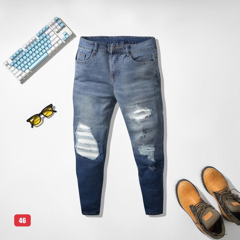 Quần jean nam vá da boy phố rách gối màu xanh chất bò co dãn 4 chiều cực đẹp jean nam form skinny Có Túi QS46 kiểu mới Menswear Pants TCS Trùm Chuyên Sỉ