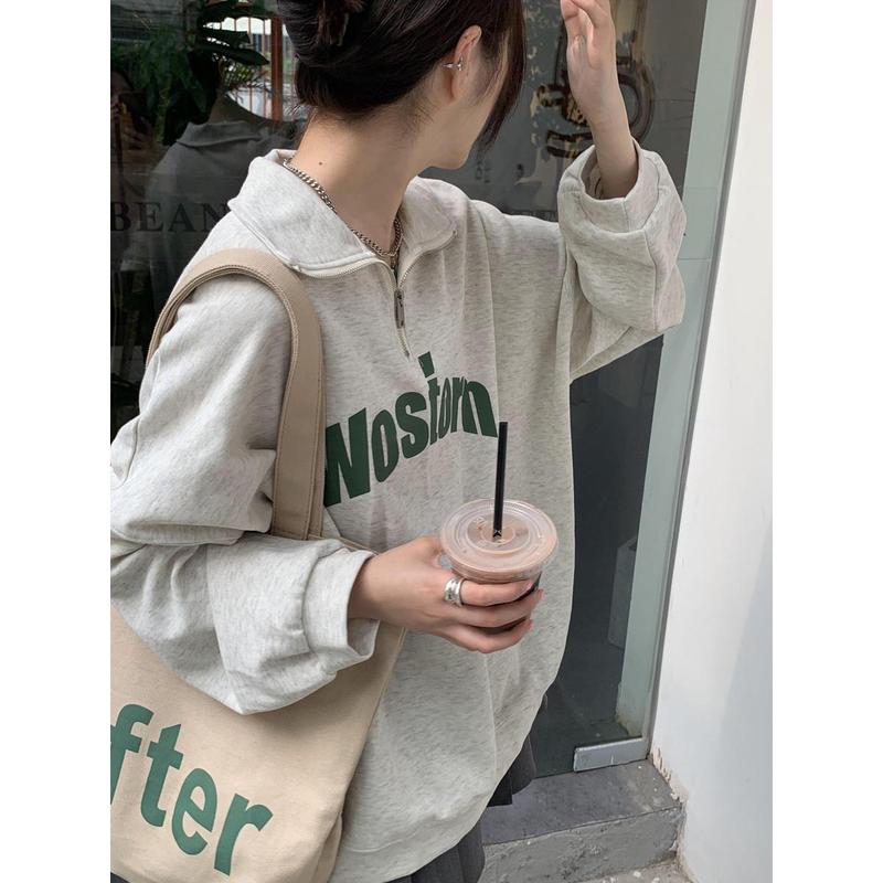 Áo Nỉ Cổ Polo, Hàng Mới Về Mùa Thu, Áo Áo Chui Đầu Nữ, Dáng Rộng Và Ngoại Cỡ, Áo Hoodie In Hình