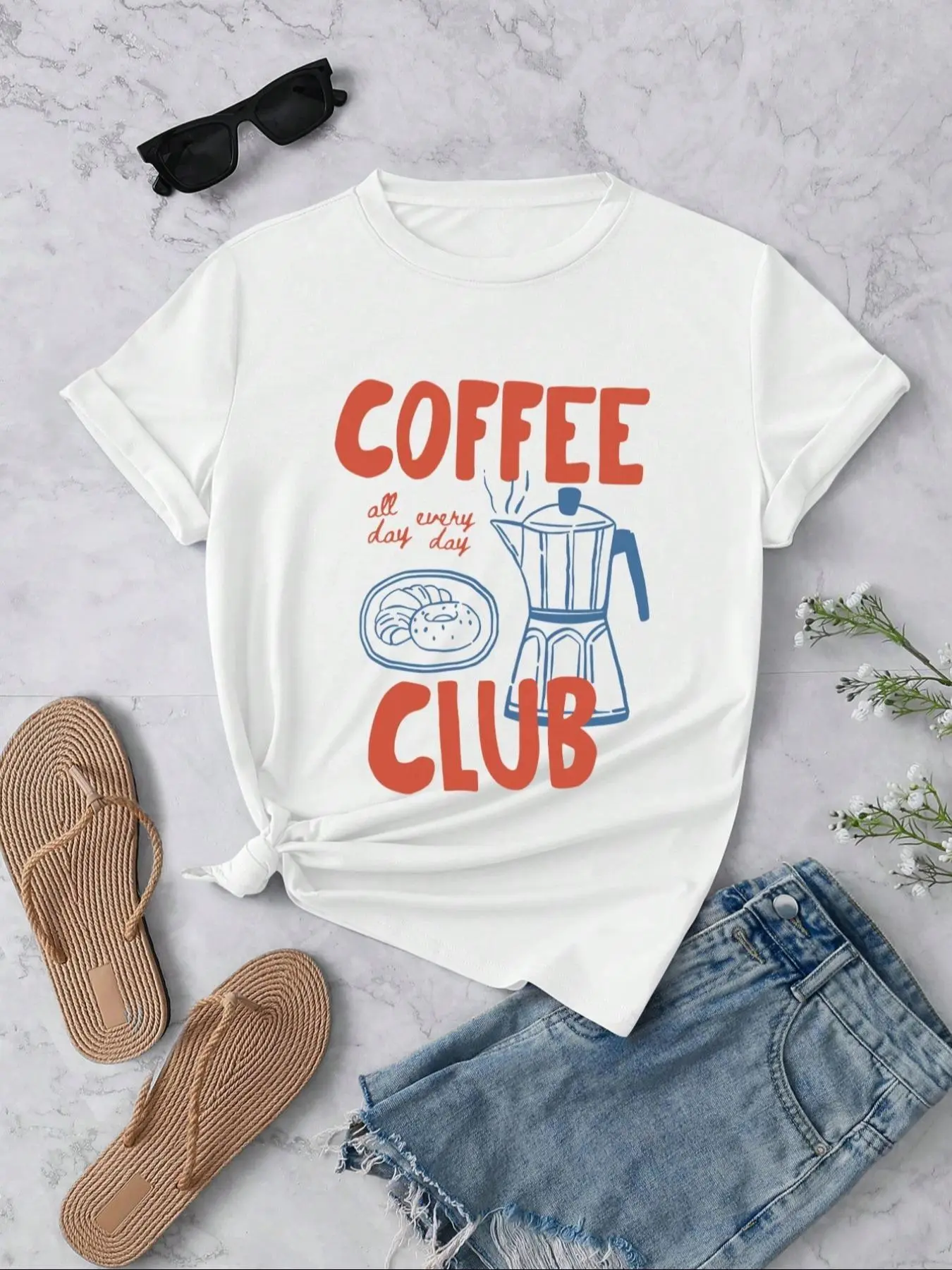 Women's Coffee & Letter Print Round Neck Tee, Casual Short Sleeve Crew Neck T-shirt for Daily Wear, Ladies Clothes for All Seasons, Top