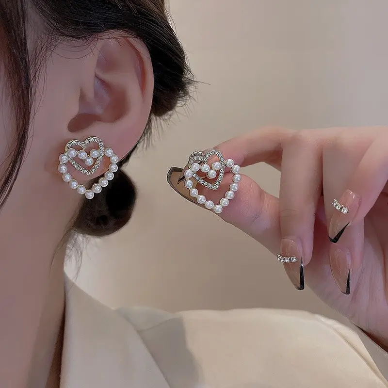 2023 New Korean Double Heart Stud Earrings Fashion Elegant Small Women Girl's Earrings Accessories #earring