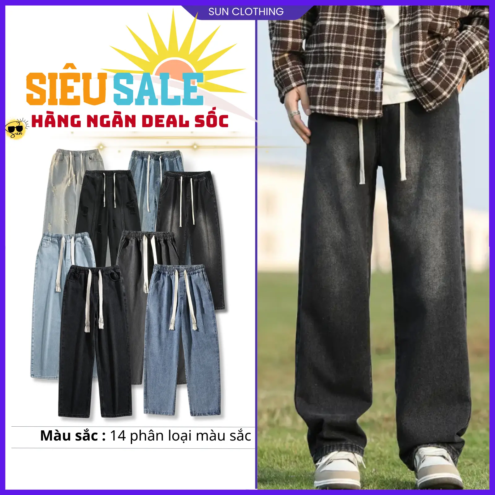 Quần jean ống suông cạp chun bigsize nam nữ JEAN HOUSE 09 mặc thoái mái, hack dáng Menswear Pants